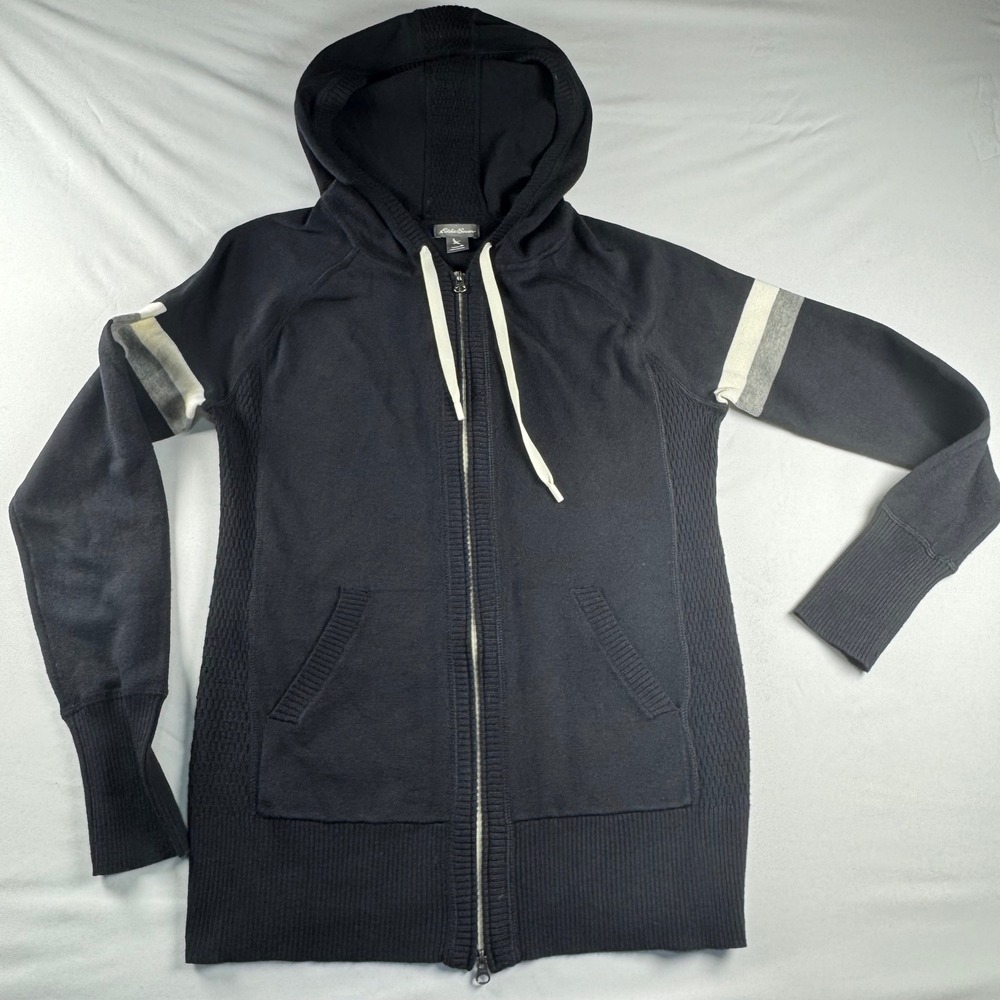 Eddie Bauer Womens Navy Blue Zip Up Hoodie Sweater Stripe Sleeve Medium